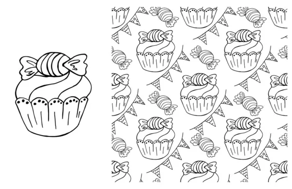 Set Van Elementen Naadloos Patroon Ideaal Voor Kinderkleding Cupcake Muffin — Stockvector