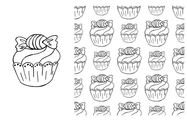 Cupcake Muffin Conjunto Azul Elemento Padrão Sem Costura Ideal Para — Vetor de Stock