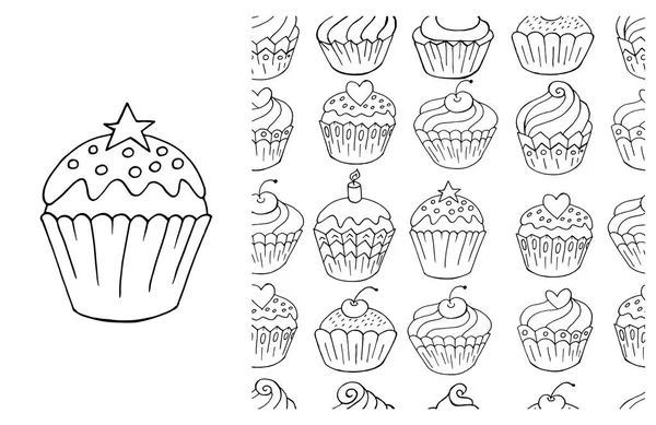 Conjunto Coloração Elemento Padrão Sem Costura Cupcake Muffin Ideal Para —  Vetores de Stock