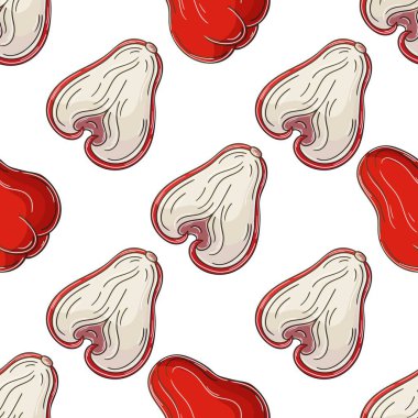 Tropikal meyveli kusursuz desen. Gül elması, Chom-poo. Elde çizim stili. Kumaş, ambalaj, ambalaj vs. için kullanılabilir