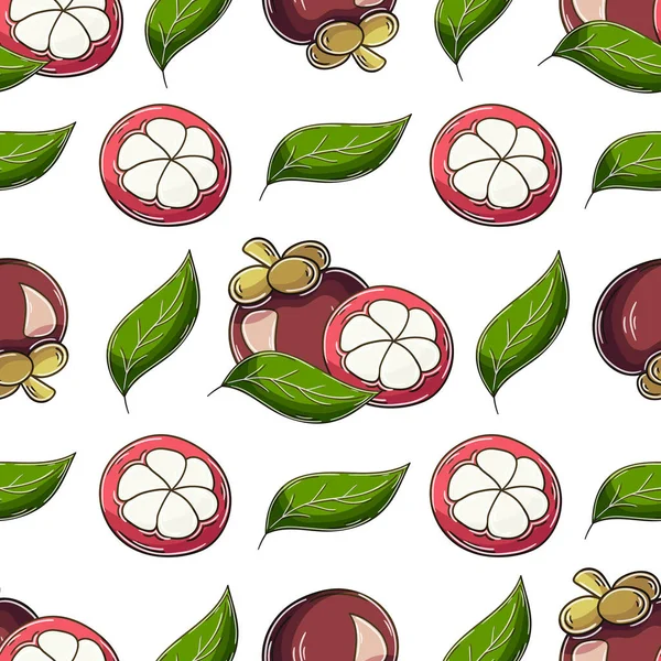 Seamless Pattern Tropical Fruits Illustration Hand Draw Style Mangosteen Can — Stock vektor