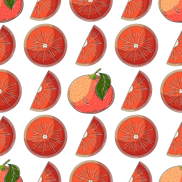 Seamless Pattern Tropical Fruits Grapefruit Red Orange Illustration Hand Draw — ストックベクタ