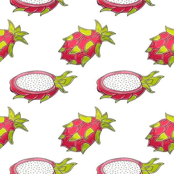 Seamless Pattern Tropical Fruits Dragon Fruit Pitaya Illustration Hand Draw — Image vectorielle