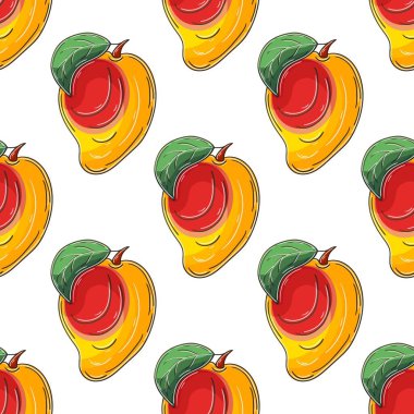Mango. Mutfak, restoran ya da dükkan için kusursuz desen. Elde çizim stili. Kumaş ve benzeri şeyler için kullanılabilir.