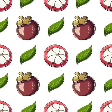 Elde çizim stili. Mangosteen. Tropikal meyveli kusursuz desen. Kumaş, ambalaj vs. için kullanılabilir