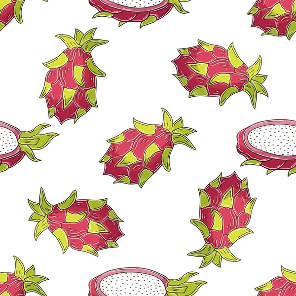 Dragon Fruit Pitaya Seamless Pattern Tropical Fruits Illustration Hand Draw - Stok Vektor