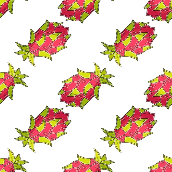 Dragon Fruit Pitaya Seamless Pattern Tropical Fruits Illustration Hand Draw — Vetor de Stock