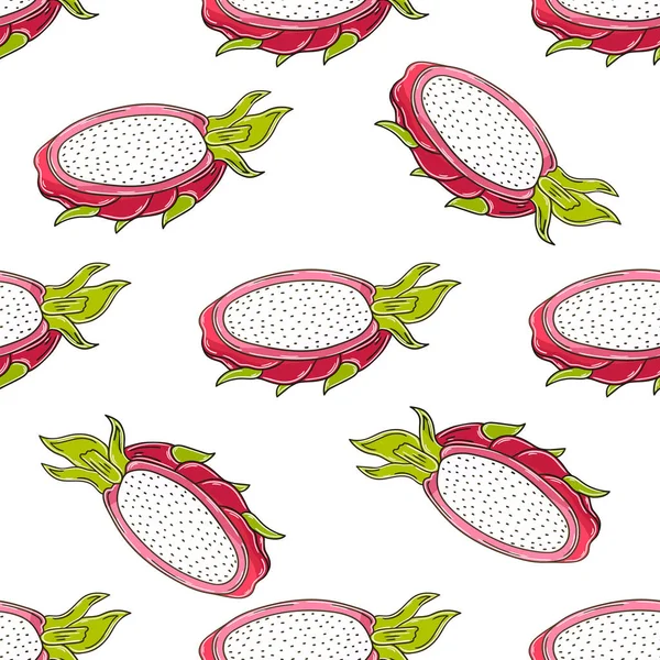 Dragon Fruit Pitaya Seamless Pattern Tropical Fruits Illustration Hand Draw — Stock vektor