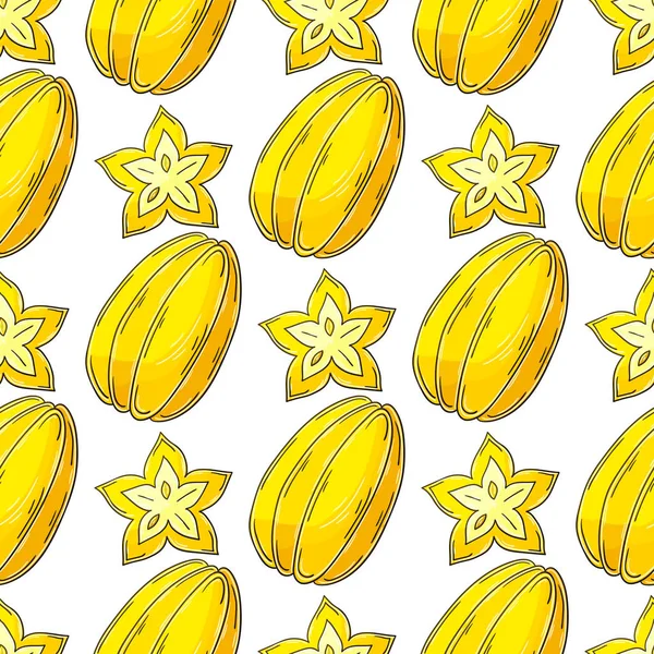 Carambola Star Fruit Seamless Pattern Tropical Fruits Illustration Hand Draw — Stockvektor