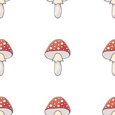 Amanitalar. Orman mantarlarıyla kusursuz desen. Amanitalar. Elde çizim stili. Sonbahar nedenleri