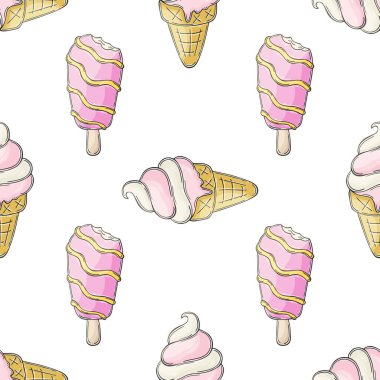 Yaz. Pembe, pürüzsüz dondurma deseni. Soğuk tatlıyla harika bir desen. Kumaş tasarımı için baskı, tekstil