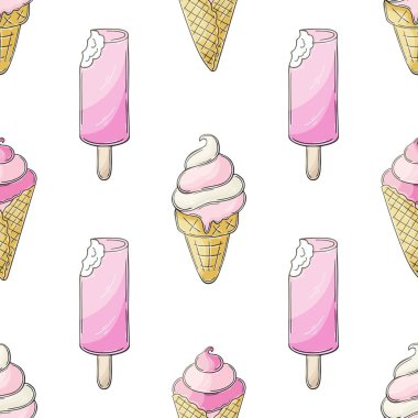 Yaz. Pembe, pürüzsüz dondurma deseni. Soğuk tatlıyla harika bir desen. Kumaş tasarımı, tekstil, kumaş, duvar kağıdı, ambalaj kağıdı baskısı
