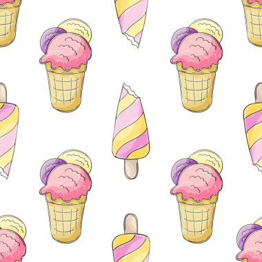 Yaz. Pembe, pürüzsüz dondurma deseni. Soğuk bir tatlıyla harika bir şablon. Kumaş tasarımı için yazdır