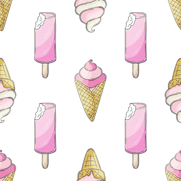 Саммер Розовое Мороженое Бесшовный Узор Прекрасный Узор Холодным Десертом Печать — стоковый вектор