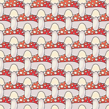 Seamless pattern for kitchen, restaurant or shop. Amanitas. Illustration in hand draw style. Can be used for fabric, packaging, wrapping paper and etc