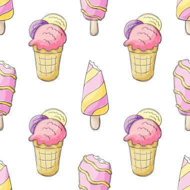 Yaz. Pembe, pürüzsüz dondurma deseni. Soğuk bir tatlıyla harika bir şablon. Kumaş tasarımı, tekstil, kumaş, duvar kağıdı, ambalaj kağıdı baskısı