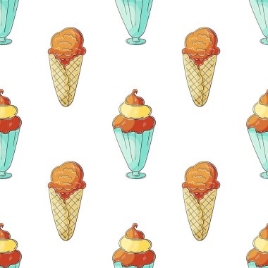 Yaz. Dondurma izi yok. Tatlı, soğuk bir tatlıyla harika, parlak bir desen. Kumaş tasarımı, tekstil, kumaş, duvar kağıdı için yazdır