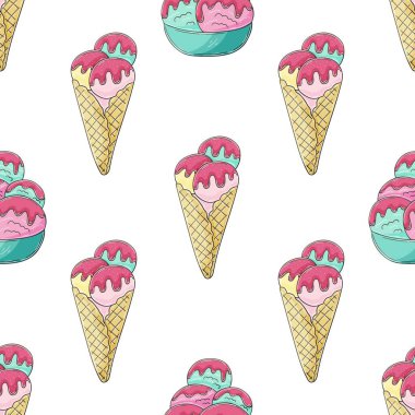 Yaz. Dondurma vazolarda pürüzsüz. Soğuk tatlıyla harika bir desen. Kumaş tasarımı, tekstil, kumaş, duvar kağıdı, ambalaj için yazdırma