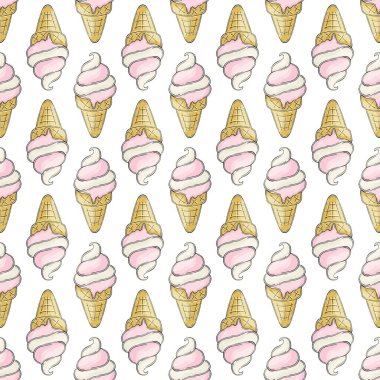 Yaz. Waffle külahında tatlı dondurma, pürüzsüz desen. Soğuk tatlıyla harika bir desen. Yazdır