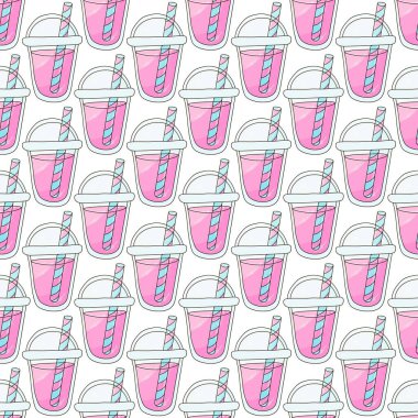Pink milkshakes seamless pattern. Cute pattern with cold dessert. Summer. Print for design