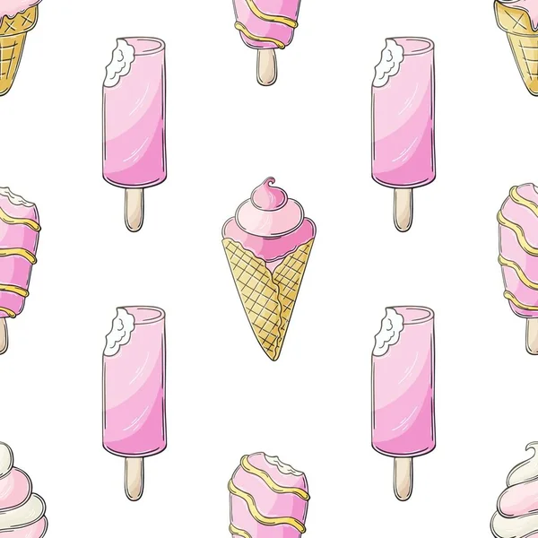 Summer Pink Ice Cream Seamless Pattern Wonderful Pattern Cold Dessert — 图库矢量图片