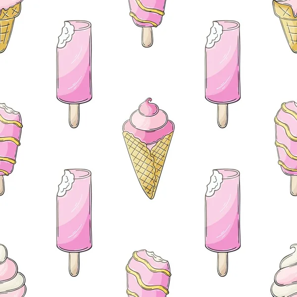 Summer Pink Ice Cream Seamless Pattern Wonderful Pattern Cold Dessert —  Vetores de Stock