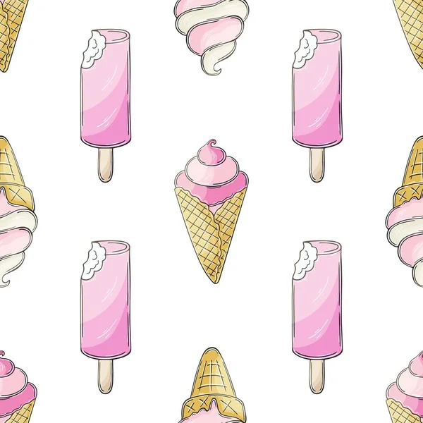 Summer Pink Ice Cream Seamless Pattern Wonderful Pattern Cold Dessert — 图库矢量图片