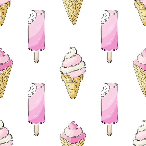 Summer Pink Ice Cream Seamless Pattern Wonderful Pattern Cold Dessert —  Vetores de Stock