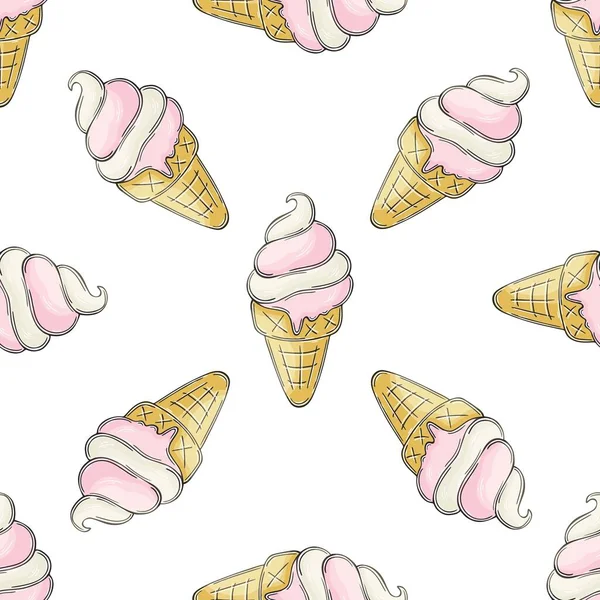 Summer Cute Ice Cream Waffle Cones Seamless Pattern Wonderful Pattern —  Vetores de Stock