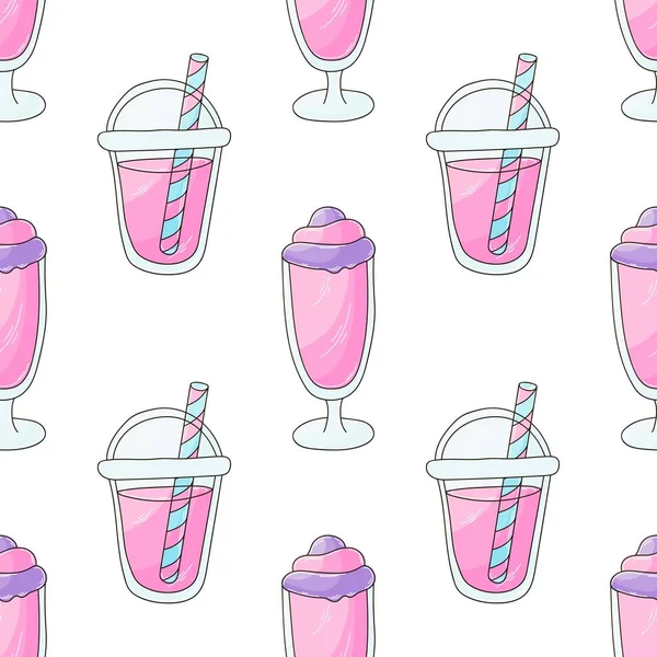 Pink Milkshakes Seamless Pattern Summer Cute Pattern Cold Dessert Print — Stock Vector