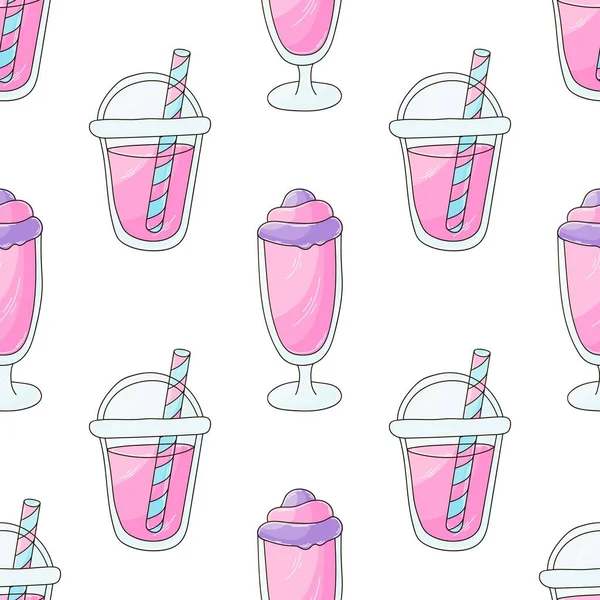 Pink Milkshakes Seamless Pattern Cute Pattern Cold Dessert Summer Print — Stockvector