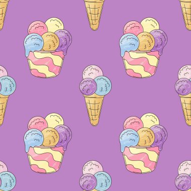 Dondurma izi yok. Çok renkli dondurma topları. Güzel bir yaz şablonu. Kumaş tasarımı, tekstil, kumaş baskısı