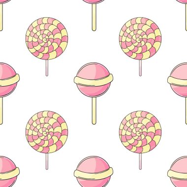 Şekerli şirin bir desen. Yuvarlak gökkuşağı lolipopları kusursuz desen. Şekerler. Yazdır