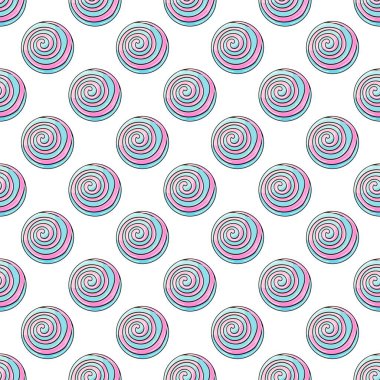 Şekerli şirin bir desen. Yuvarlak gökkuşağı lolipopları kusursuz desen. Şekerler. Kumaş tasarımı, tekstil, kumaş, duvar kağıdı, ambalaj için yazdırma