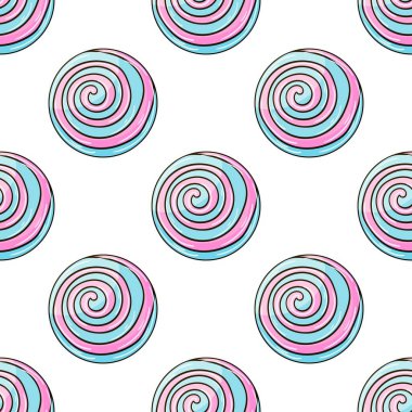 Şekerli şirin bir desen. Yuvarlak gökkuşağı lolipopları kusursuz desen. Şekerler. Kumaş tasarımı, tekstil, kumaş baskısı