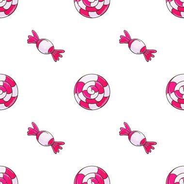 Şekerli şirin bir desen. Şekerler. Yuvarlak ahududu lolipopları pürüzsüz desen. Kumaş tasarımı, tekstil, kumaş, duvar kağıdı için yazdır