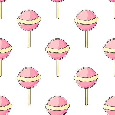 Şekerli şirin bir desen. Şekerler. Yuvarlak gökkuşağı lolipopları kusursuz desen. Kumaş tasarımı için yazdır