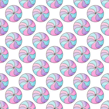 Şekerli şirin bir desen. Şekerler. Yuvarlak mor lolipoplar kusursuz desen. Kumaş tasarımı, tekstil, kumaş, duvar kağıdı, ambalaj için yazdırma