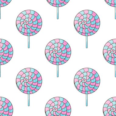 Şekerli şirin bir desen. Şekerler. Gökkuşağı lolipopları kusursuz desen. Kumaş tasarımı için baskı, tekstil
