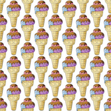 Waffle külahında tatlı dondurma, pürüzsüz desen. Soğuk tatlıyla harika bir desen. Yaz. Yazdır