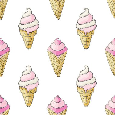 Waffle külahında tatlı dondurma, pürüzsüz desen. Yaz. Soğuk tatlıyla harika bir desen. Yazdır