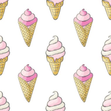 Waffle külahında tatlı dondurma, pürüzsüz desen. Yaz. Soğuk tatlıyla harika bir desen. Tasarım için yazdır