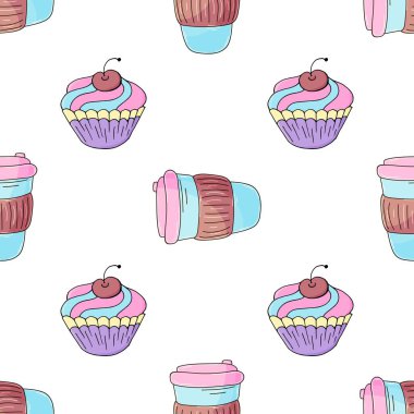 Kahve, milkshake, kusursuz desenler. Kahve dükkanı ya da kahve aşıkları için hoş bir desen. Yazdır