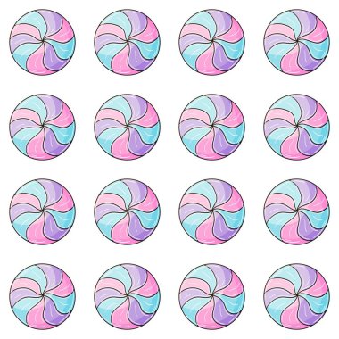 Şekerler. Şekerli şirin bir desen. Yuvarlak mor lolipoplar kusursuz desen