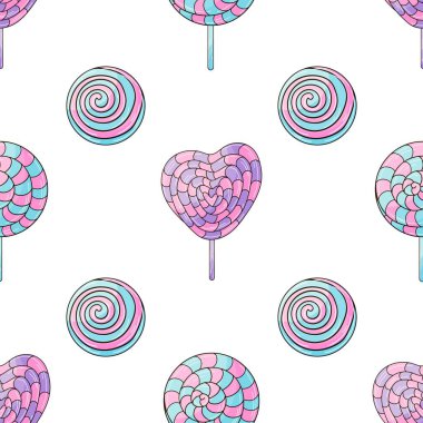 Şekerler. Şekerli şirin bir desen. Gökkuşağı lolipopları kusursuz desen. Tasarım için yazdır