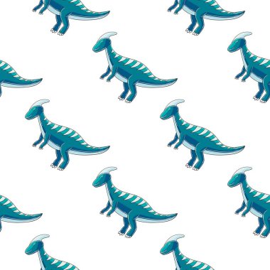 El çizimi şirin dinozorlar kusursuz desen. Dinozorların arka planı mavi palette. Kumaş tasarımı için baskı, tekstil