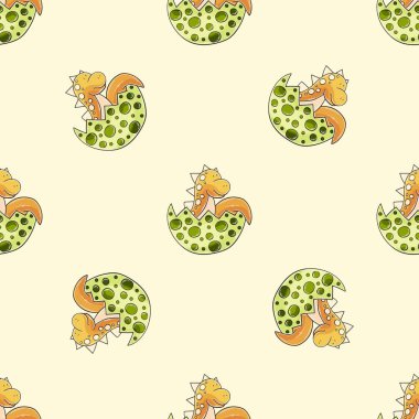 Şirin komik çocuklar, dinazorlar kusursuz kalıplar. Yumurtadaki dinozor. Dinozorların vektör arka planı. Kumaş tasarımı, tekstil, kumaş baskısı