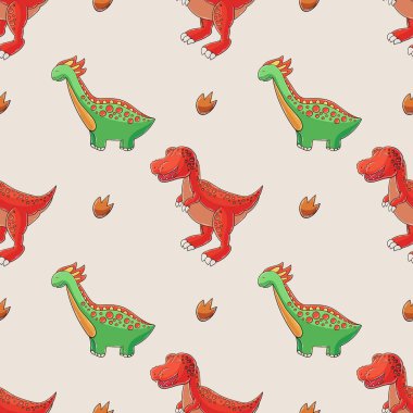 Dinozor desenli şirin çocuklar. Tyrannosaur. Renkli dinozor vektör arka planı. Kumaş tasarımı, tekstil, kumaş, duvar kağıdı için yazdır