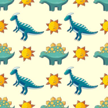 Dinozor desenli şirin çocuklar. Stegosaurus. Renkli dinozor vektör arka planı. Kumaş tasarımı, tekstil, kumaş, ambalaj kağıdı için yazdır