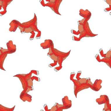 Dinozor desenli şirin çocuklar. Renkli dinozor vektör arka planı. Tyrannosaurus. Kumaş tasarımı, tekstil, kumaş baskısı